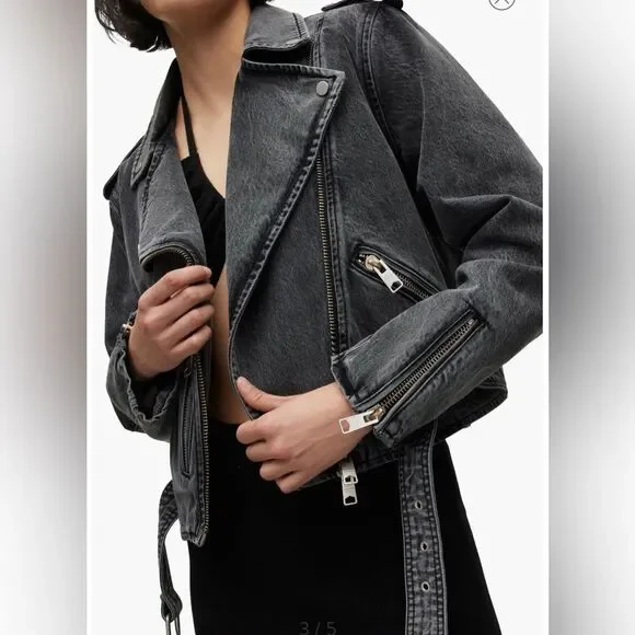 NEW NWT All Saints Balfern Denim Biker Jacket in Washed grey size 2 women’s - Picture 2 of 14
